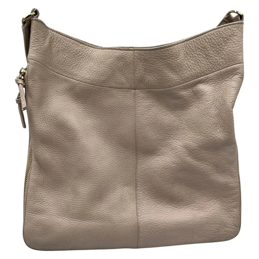 Tory Burch Shoulder Hobo Bag Ivy Pebbled Leather Expandable Zip Shell Pink Cream
